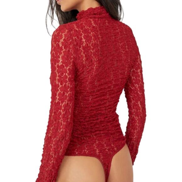 Intimately Free People Day & Night Sheer Lace Bodysuit Top Women Small Red Thong - Picture 3 of 12